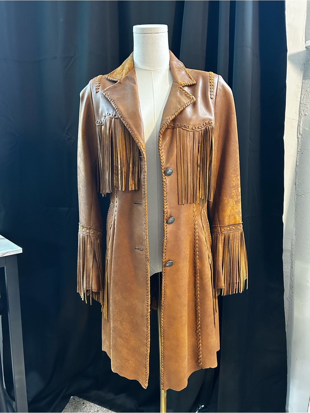 Custom Brown Leather Fringe Jacket with Braided Trim - Classic Western Style